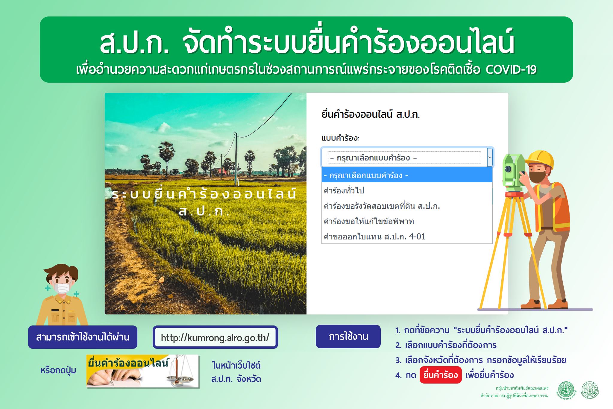 ส.ป.ก. จัดทำระบบยื่นคำร้องออนไลน์ เพื่ออำนวยความสะดวกแก่เกษตรกรในช่วงสถานการณ์แพร่กระจายของโรคติดเชื้อ COVID-๑๙